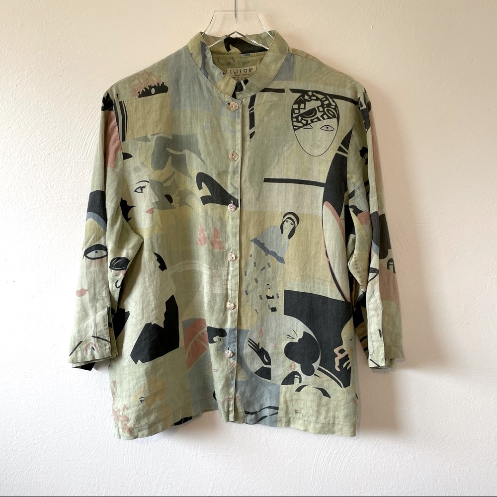 Citron Santa Monica 1930's Print Linen Shirt L